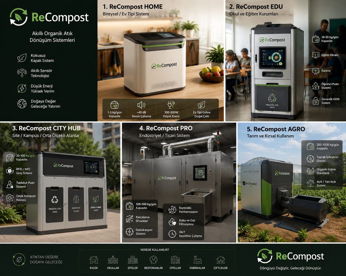ReCompost ürün ailesi: HOME, EDU, CITY HUB, PRO ve AGRO modelleri